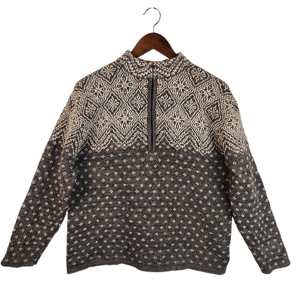 Unbranded Fair Isle Cotton Knit Sweater Women’s SZ LG? 1/4 Zip Grey/Cream GUC